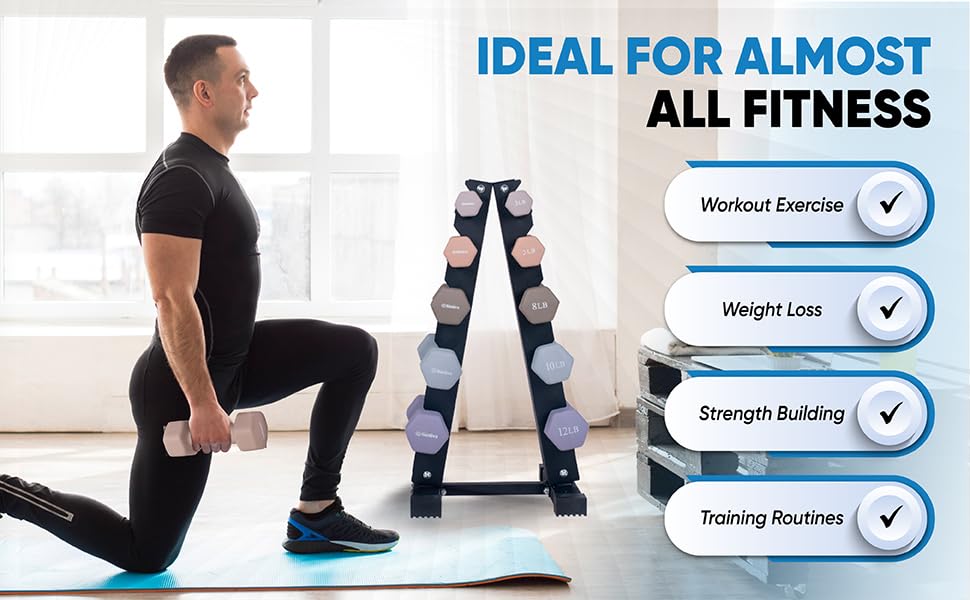 Neoprene Coated Hex Dumbbell Set with Rack 1-20 LBs F50480