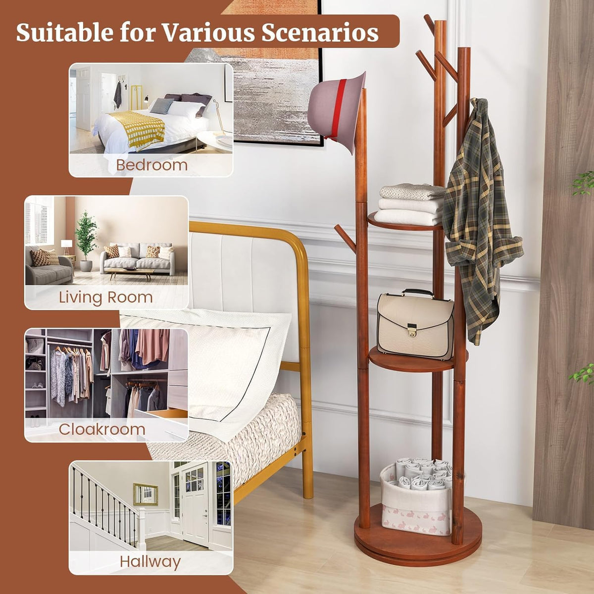 Walnut Wooden Freestanding Coat Rack with 3 Shelves and 9 Hooks J2486