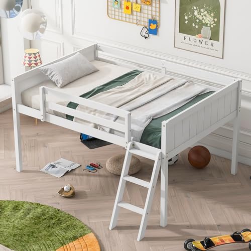 Gray Full Size Low Loft Bed with Safety Guardrail T8743