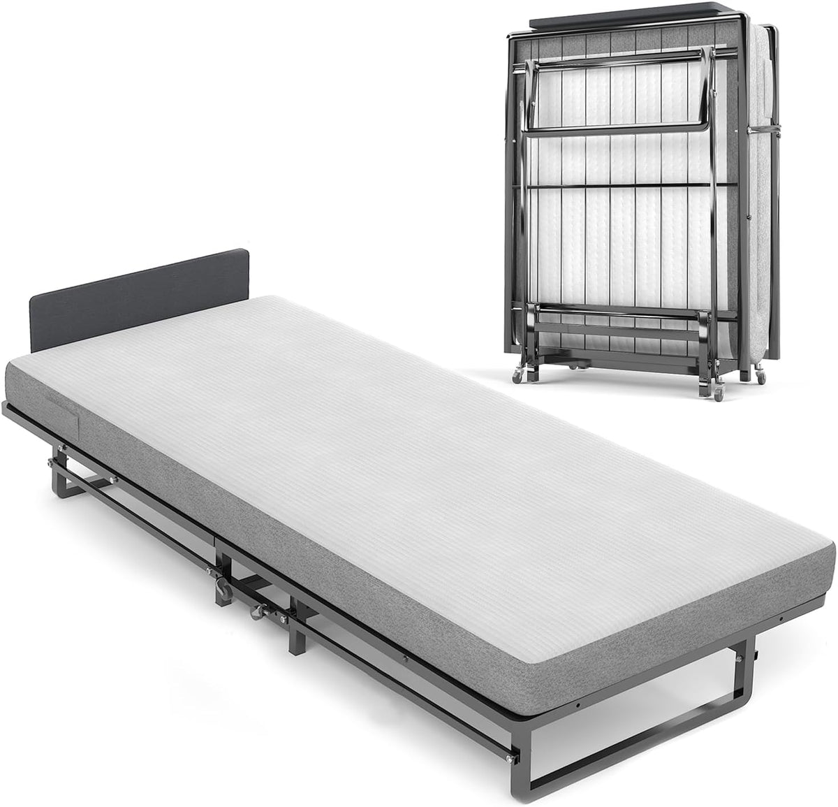 Folding Bed with 4-Inch Mattress, Metal Cot Size Rollaway Bed on Wheels O2252