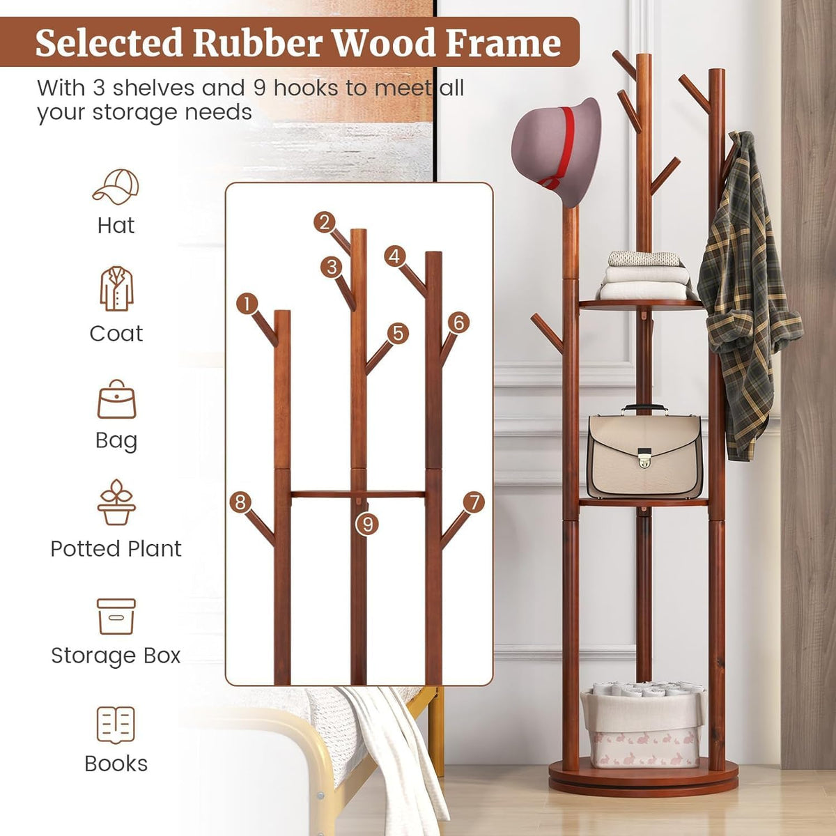 Walnut Wooden Freestanding Coat Rack with 3 Shelves and 9 Hooks J2486