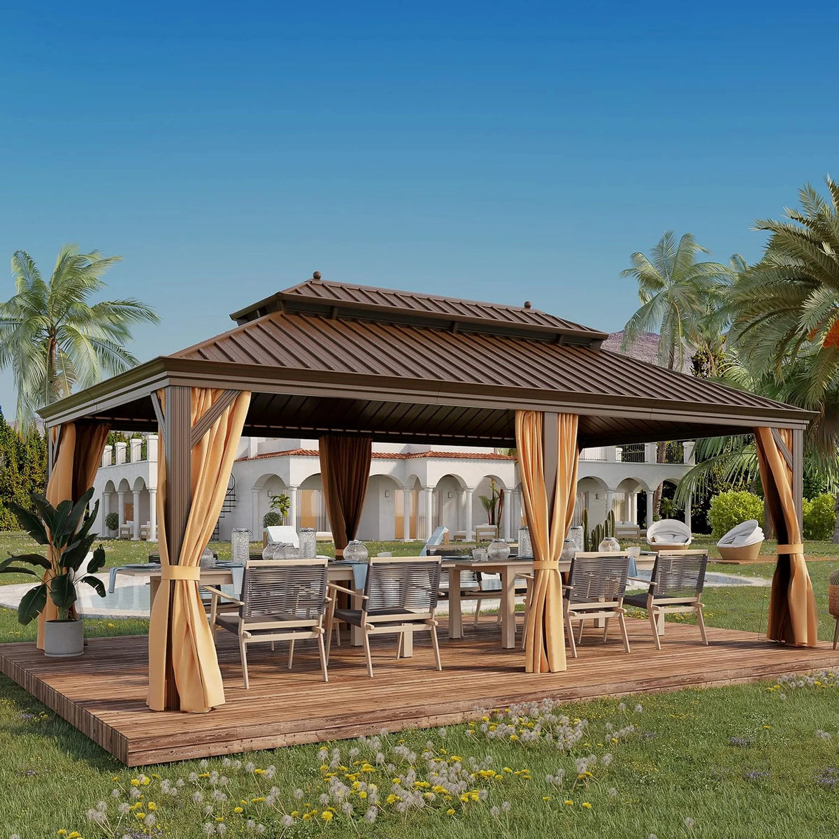 12'x20' Hardtop Aluminum Double Roof Gazebo with Netting and Curtains T76275