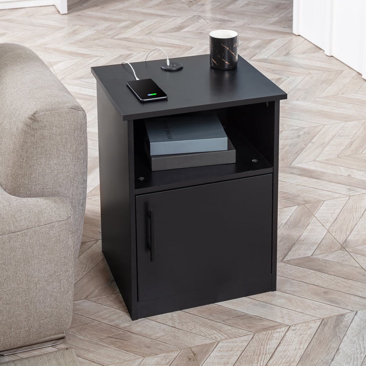 Black Nightstand with Storage and 3 USB Ports S3089