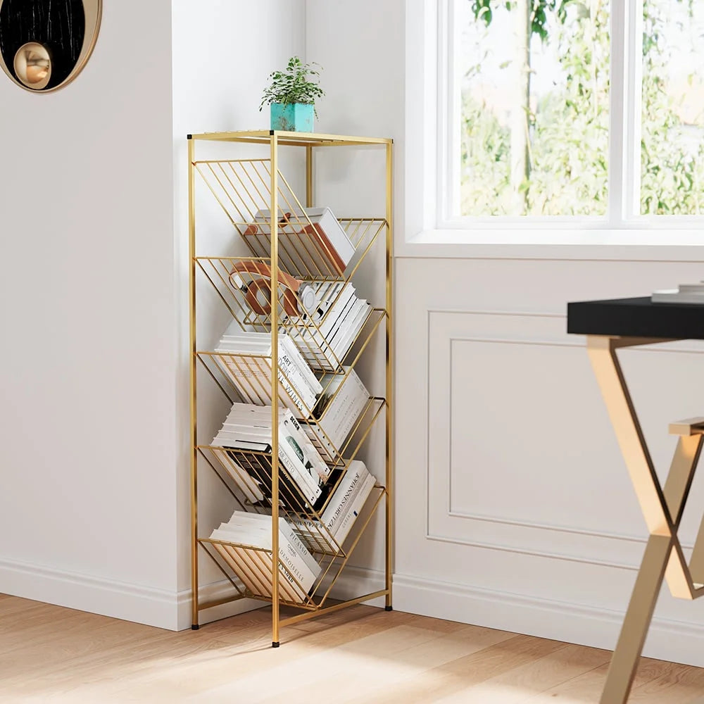 Mid-Century Rectangular Bookshelf Metal Gold Bookcase with Shelves O498500