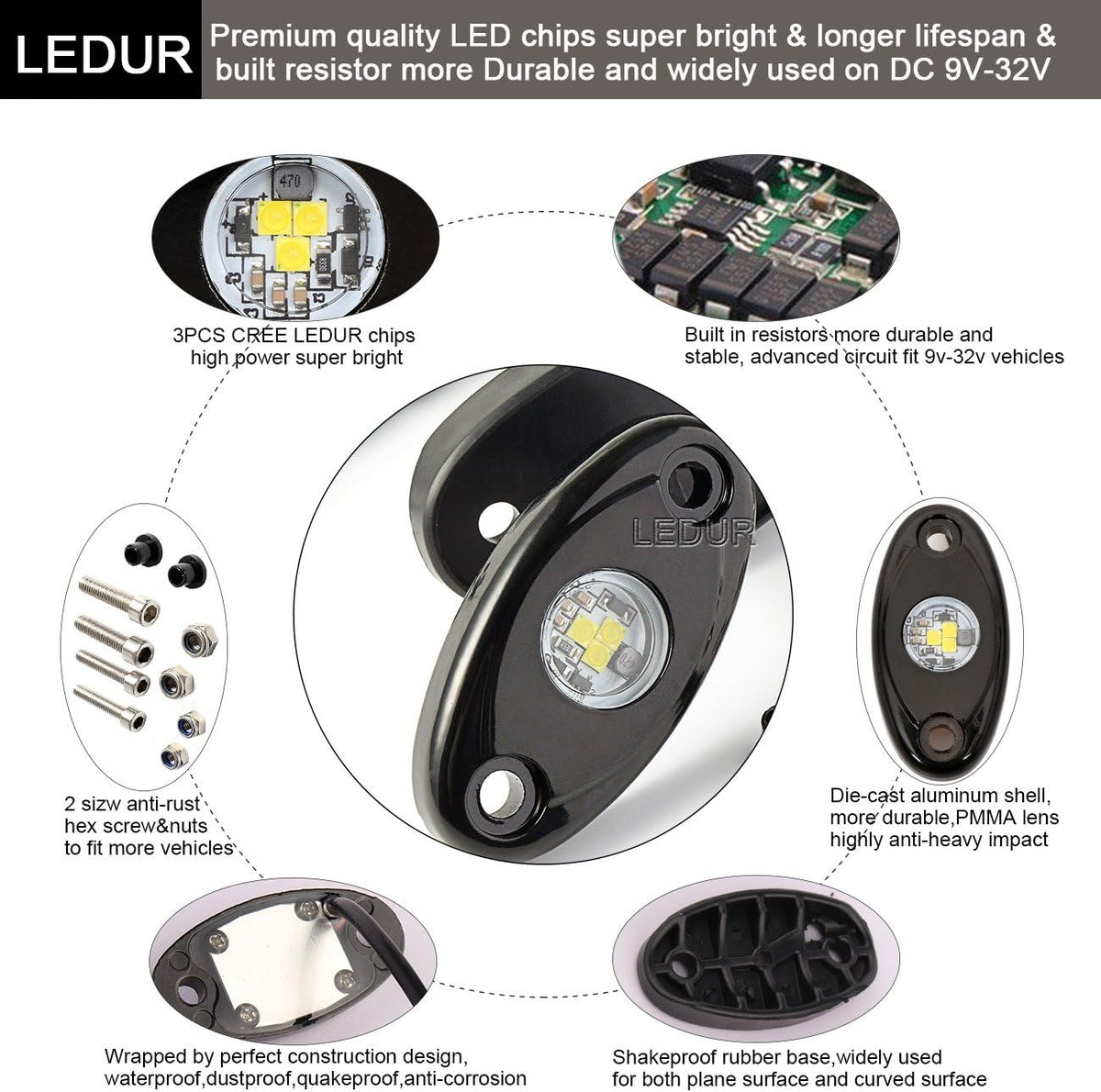 White 12Pods LED Rock Lights Kit with Switch Wire Harness U758