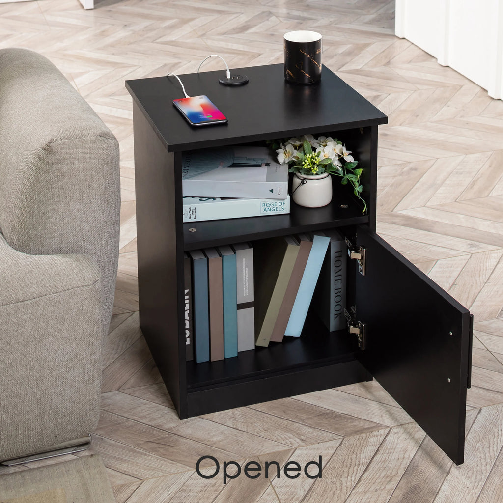 Black Nightstand with Storage and 3 USB Ports S3089