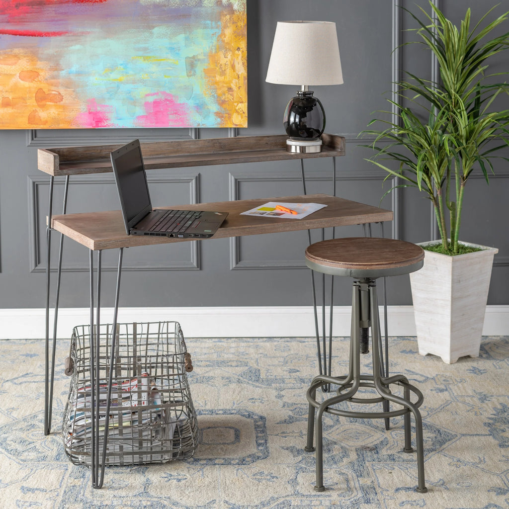 2 Tier Brown Fir Wood and Metal Desk O334