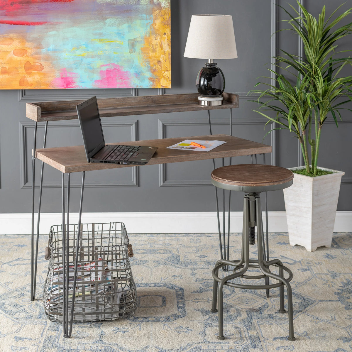 2 Tier Brown Fir Wood and Metal Desk O334