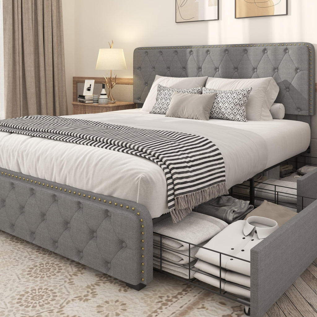 Queen Size Platform Bed Frame with 4 Storage Drawers and Upholstered Headboard, Dark Grey H5303