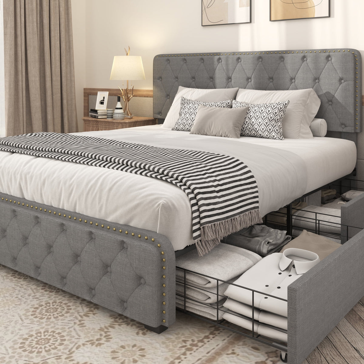 Queen Size Platform Bed Frame with 4 Storage Drawers and Upholstered Headboard, Dark Grey H5303