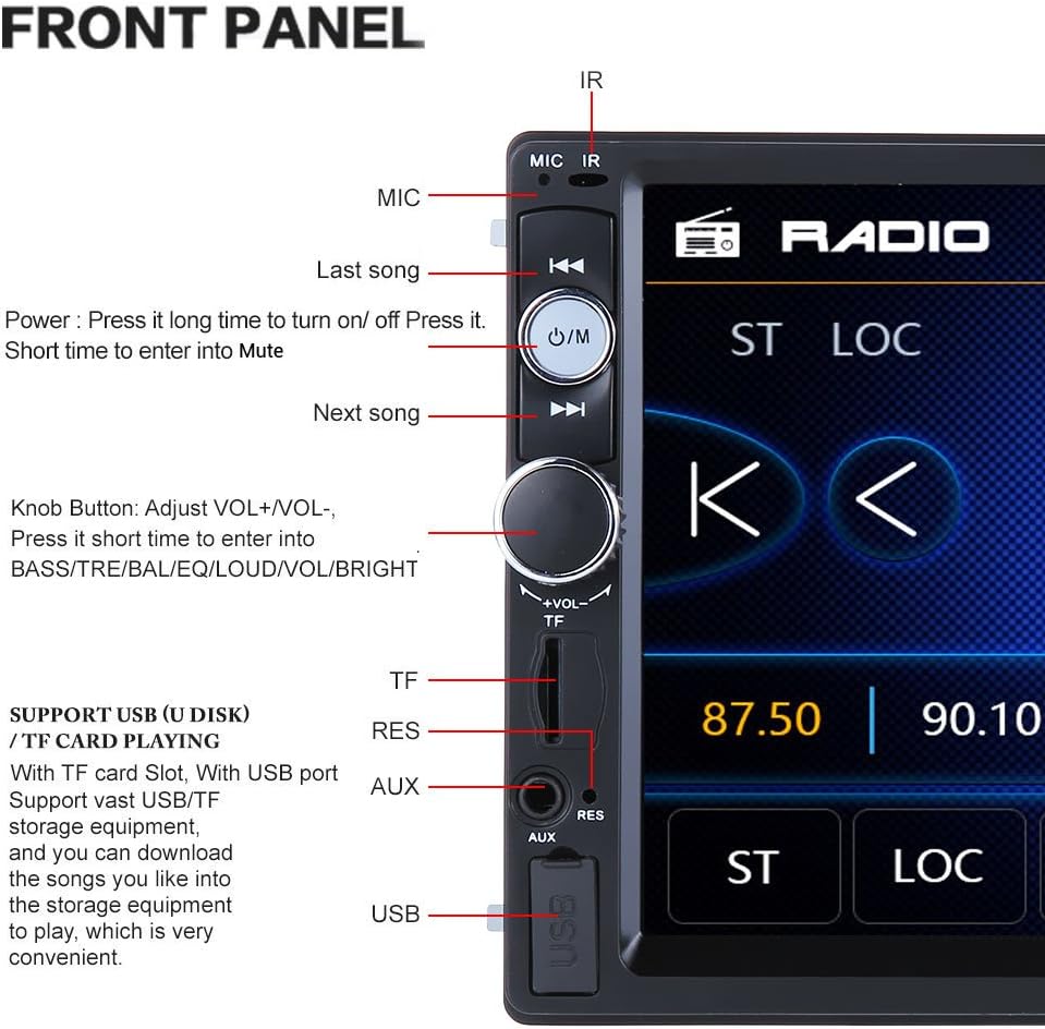 Double Din 7 Touchscreen Car Stereo with Bluetooth FM AM Radio MP3 USB AUX Rear View Camera W498