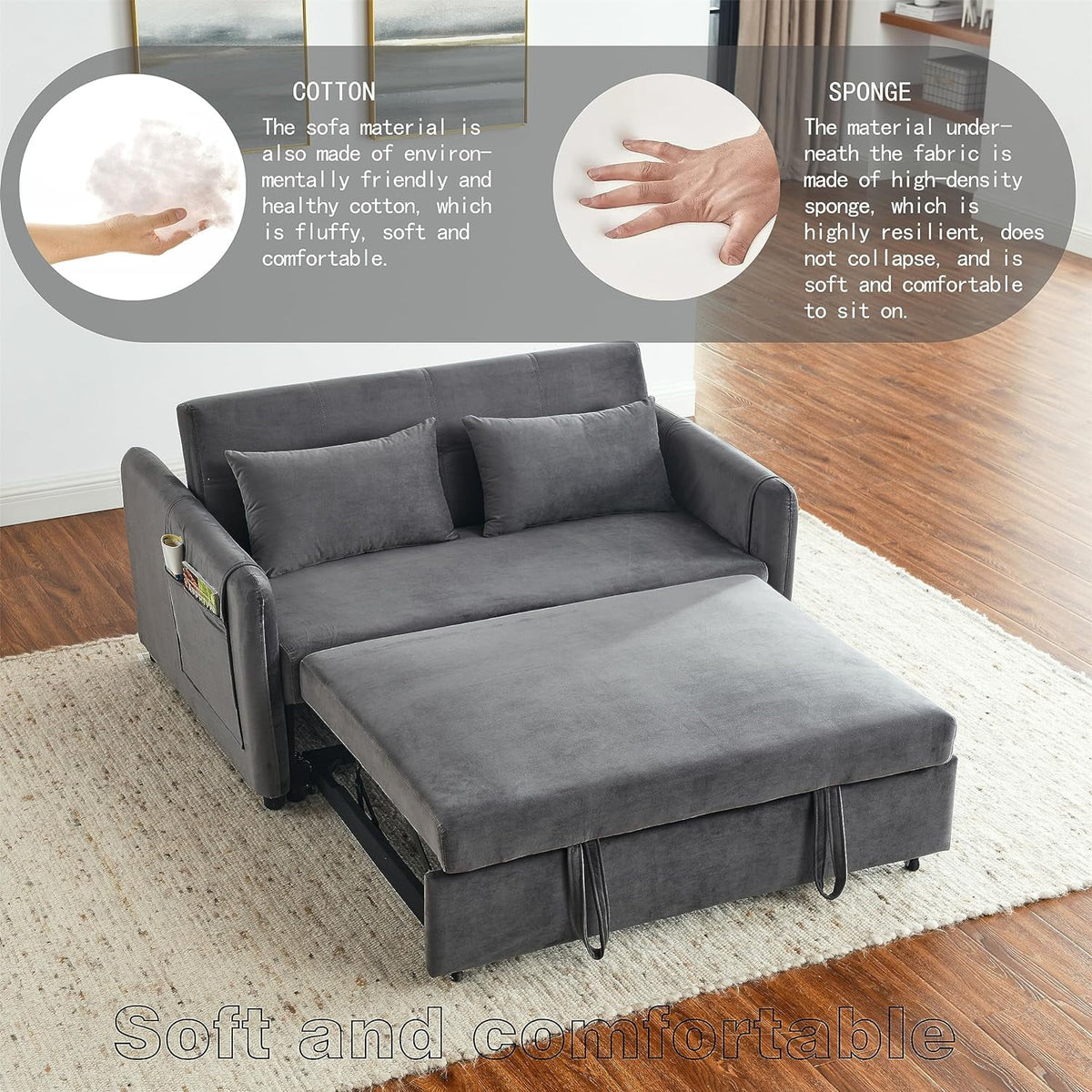 54" Velvet Convertible Sleeper Sofa Bed with Lumbar Pillows I285453