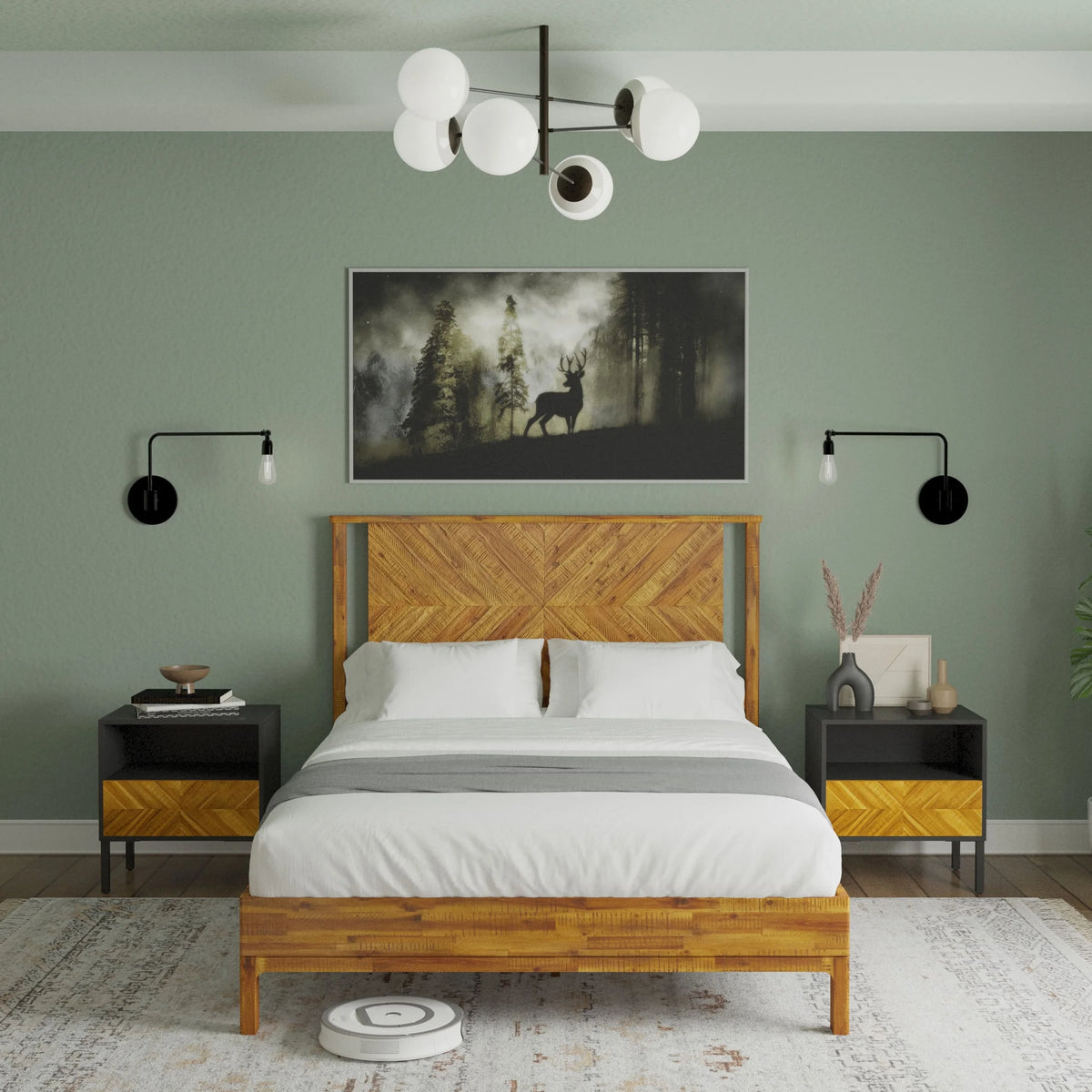 Queen Platform Bed Frame with Headboard Solid Wood Black I83270