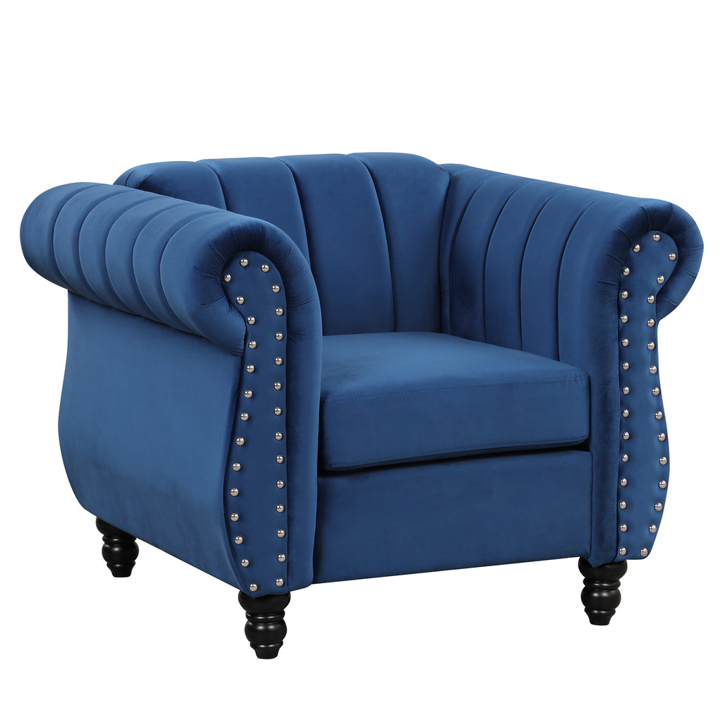 Blue Buttoned Tufted Sofa with Solid Wood Legs R70991