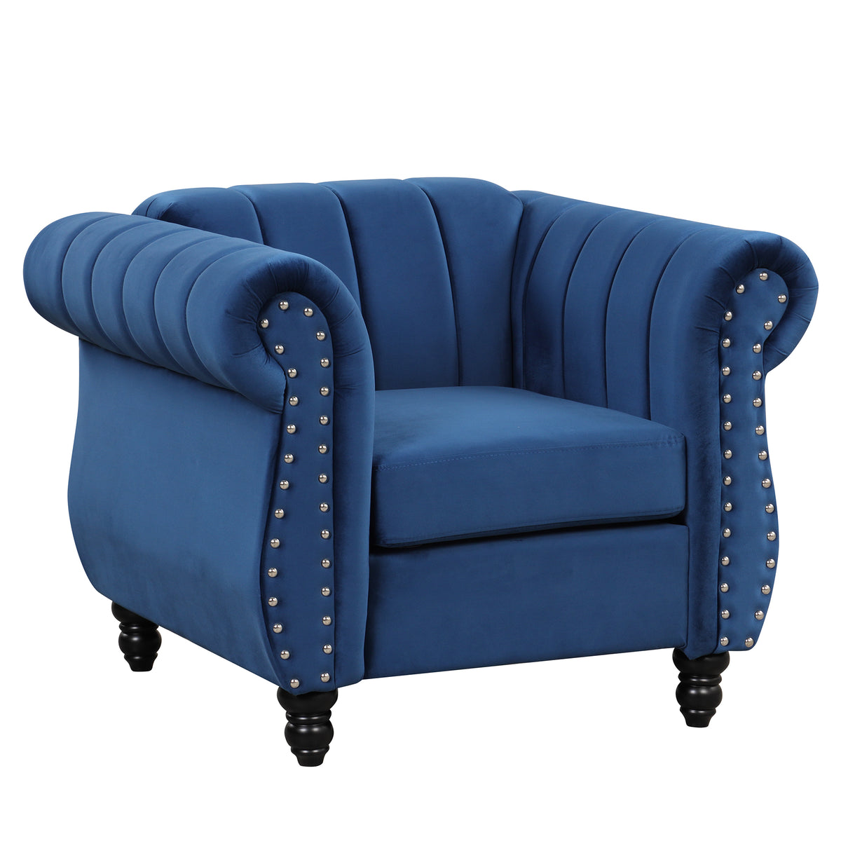 Blue Buttoned Tufted Sofa with Solid Wood Legs R70991