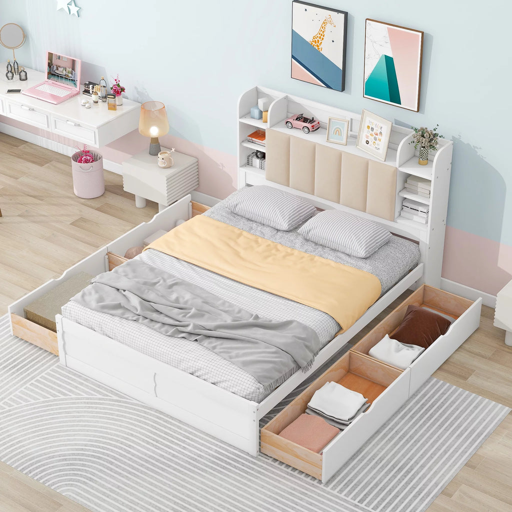 White Wood Queen Size Platform Bed with Storage Headboard and Four Drawers H902534