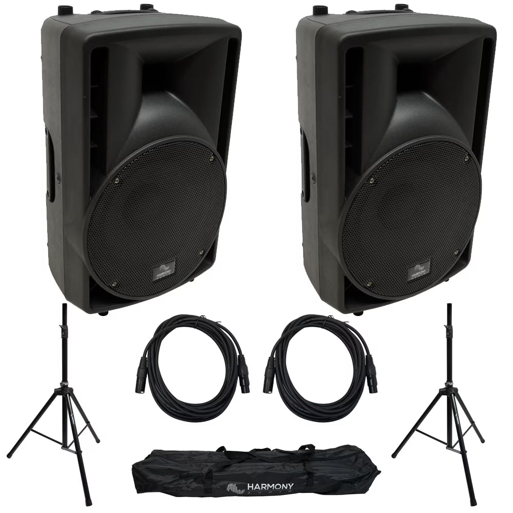 8" Pro DJ Powered 300W PA Speaker Pair with Tripod Stands & XLR Cables X9916