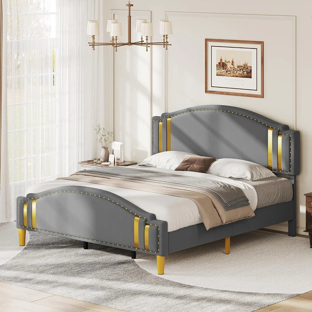 King Size Grey Upholstered Platform Bed Frame and Headboard J6652