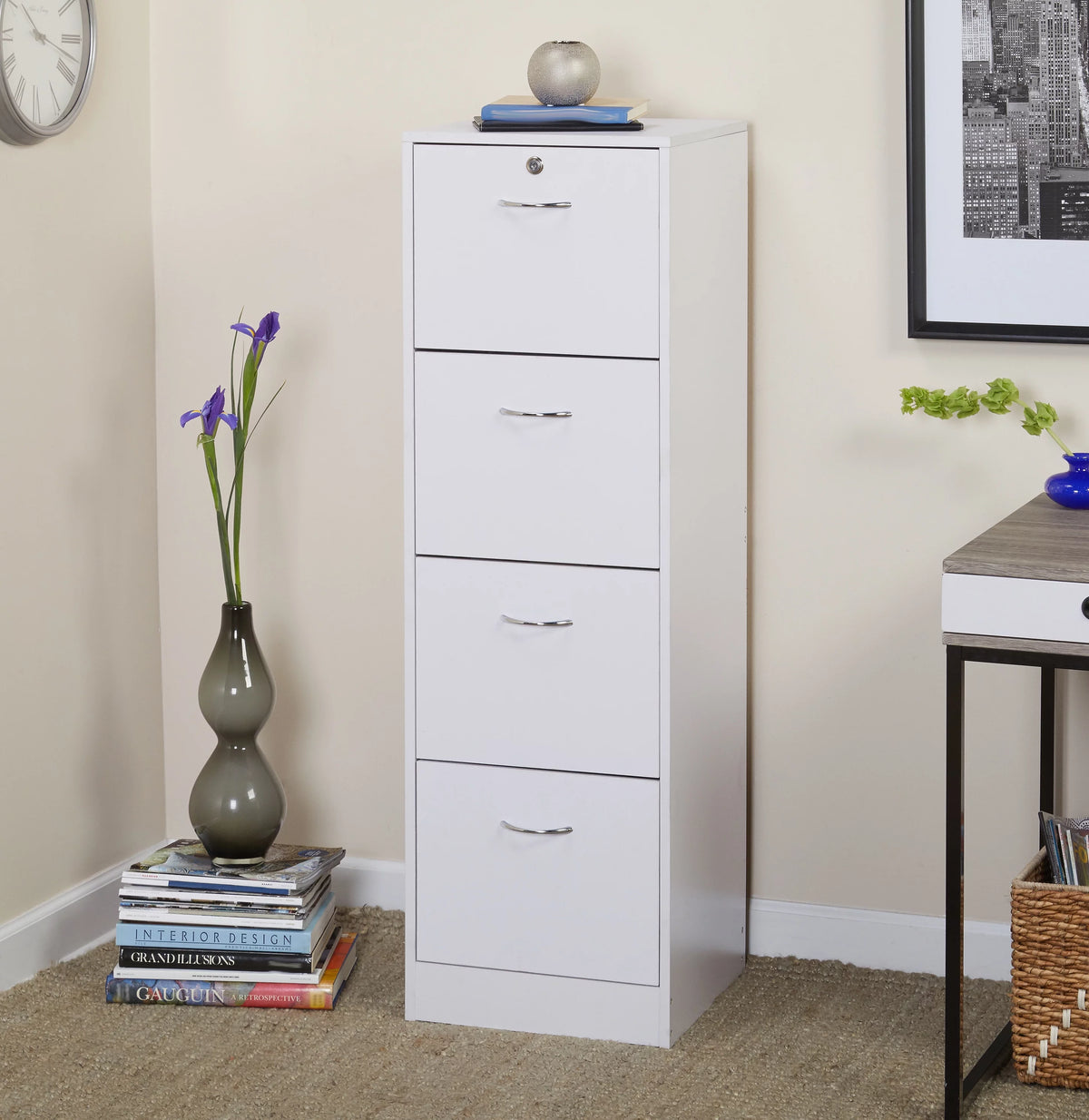 White 4 Drawer Wood Lockable Filing Cabinet L61181