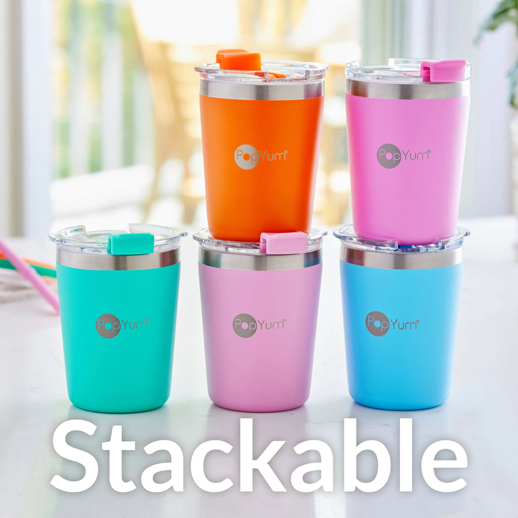 9oz Insulated Stainless Steel Kids’ Cups with Lid and Straw, 2-Pack, Blue, Pink, stackable, sippy, tumbler, double wall, vacuum, leak proof S767