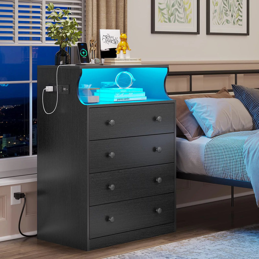 Black 4 Drawer Dresser with LED Lights and Charging Station A5438
