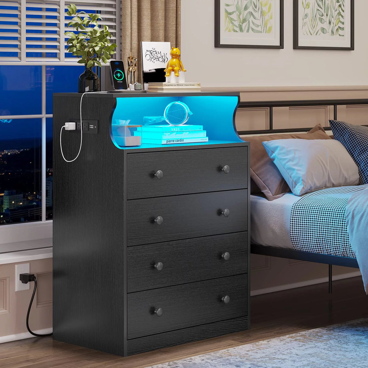 Black 4 Drawer Dresser with LED Lights and Charging Station A5438