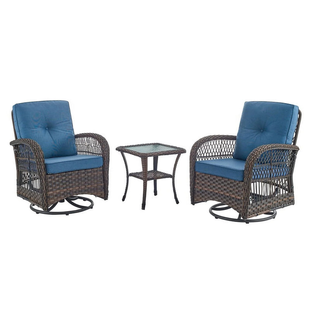 Brown Rattan Wicker 3-Piece Outdoor Swivel Glider Set with Blue Cushion O6432
