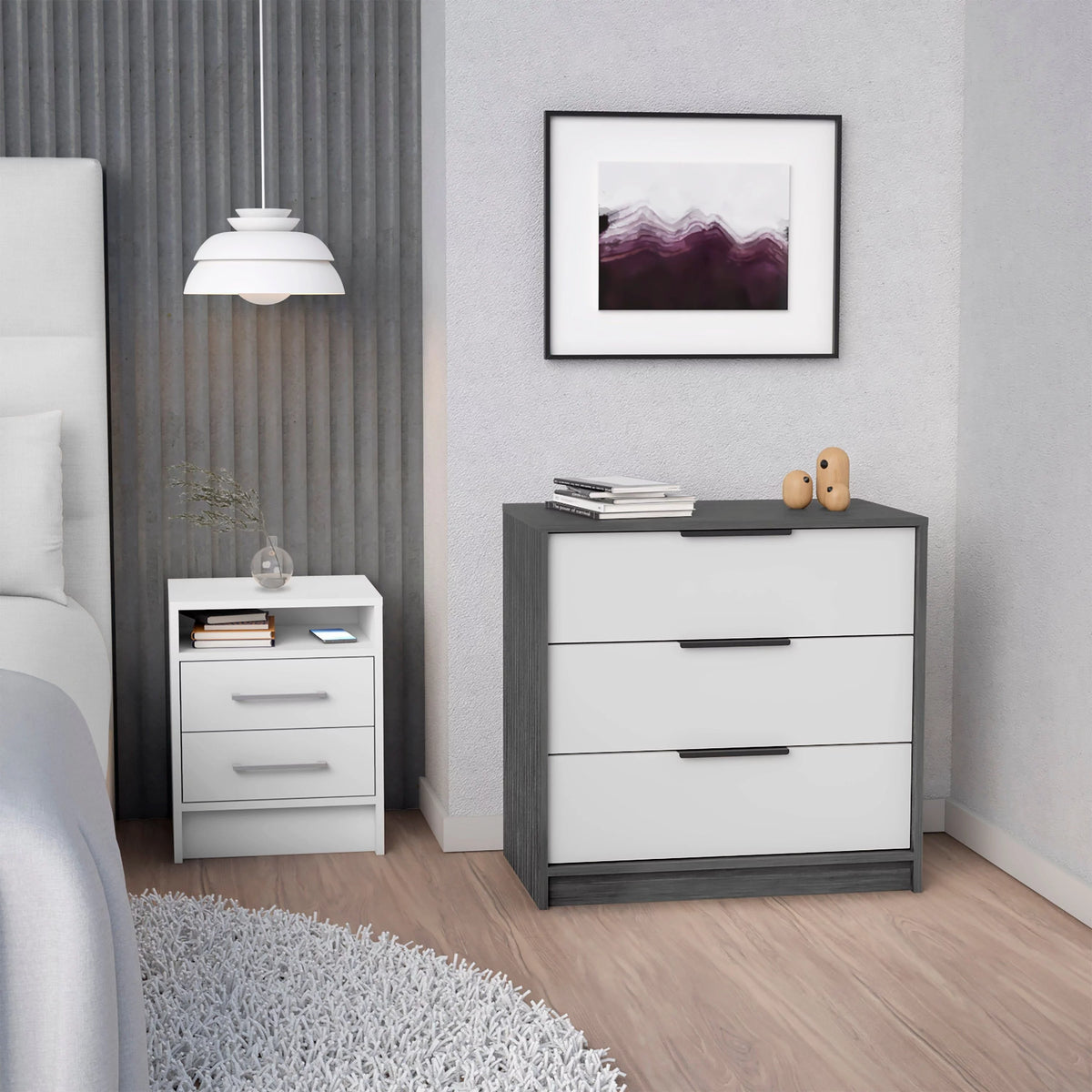 White 2-Piece Bedroom Set with 3-Drawer Dresser and Nightstand X57834