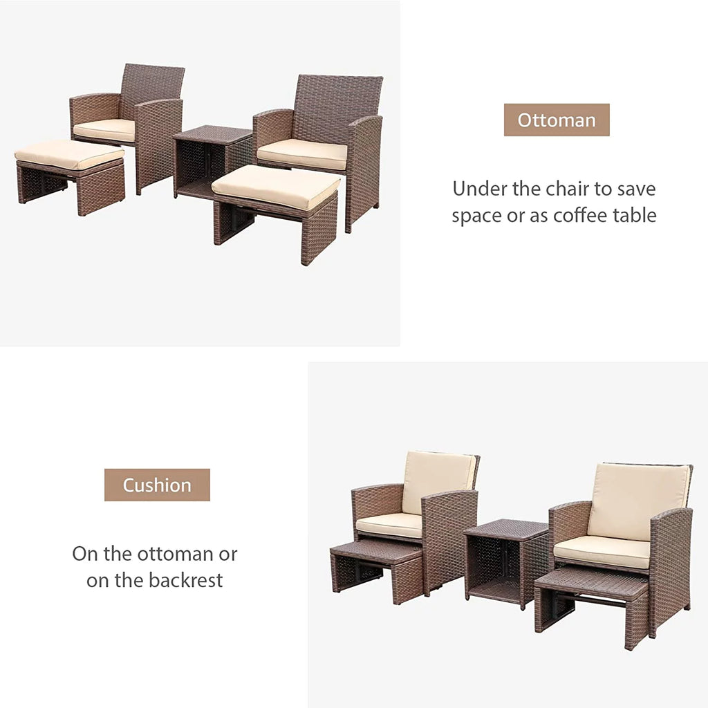5 Piece Wicker Patio Furniture Set with Storage Table and Ottoman B579