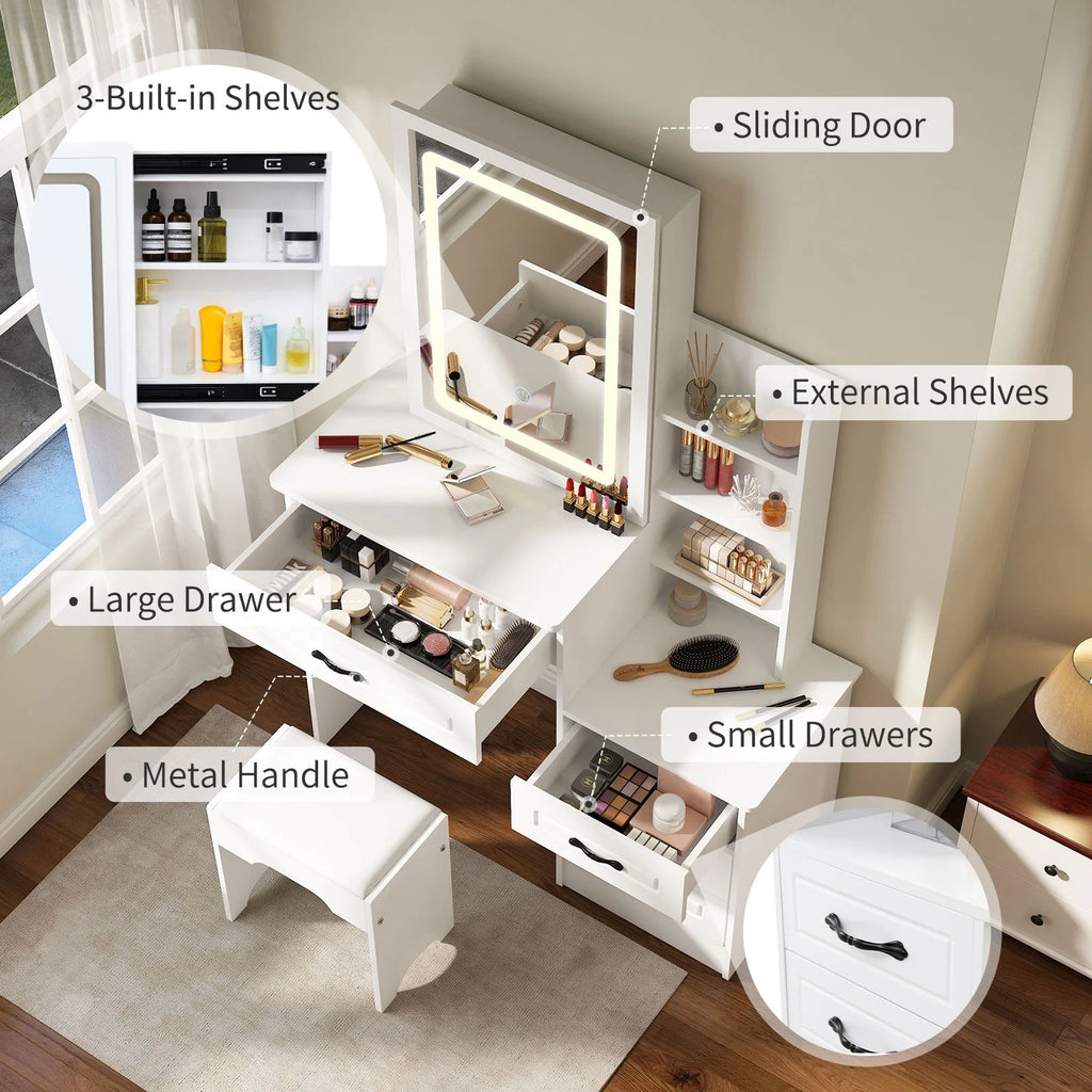 White Vanity Desk with Sliding Mirror and 4 Drawers Q318950