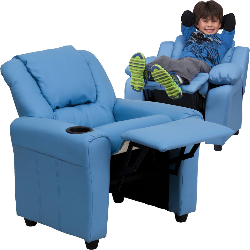 Light Blue Vinyl Kids Recliner with Cup Holder and Headrest R725806