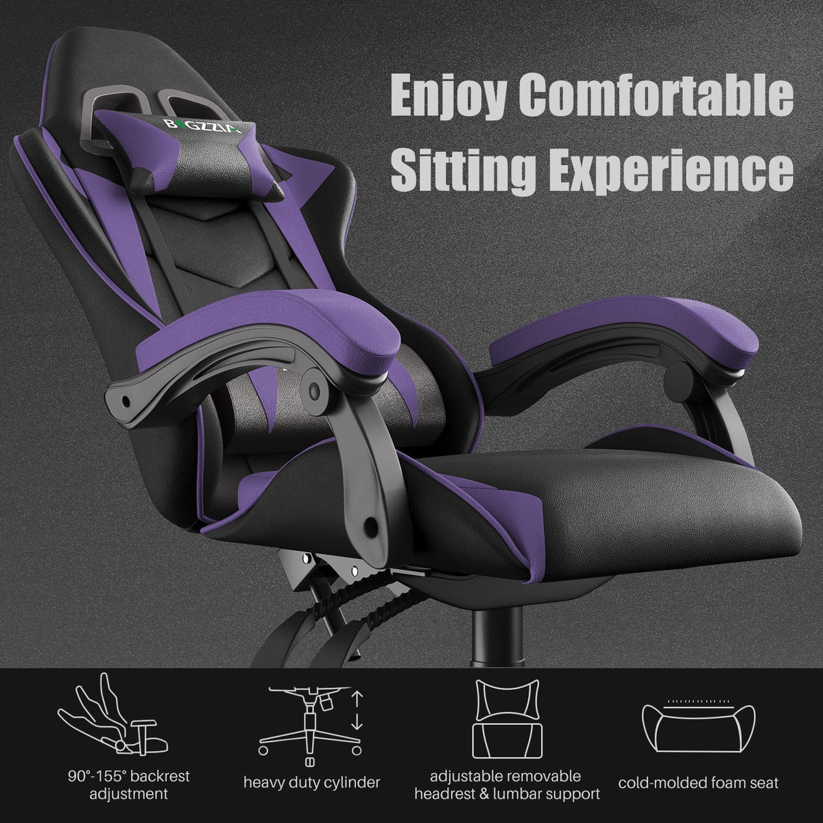 Purple Ergonomic Gaming Chair with Headrest & Lumbar Pillow L7330