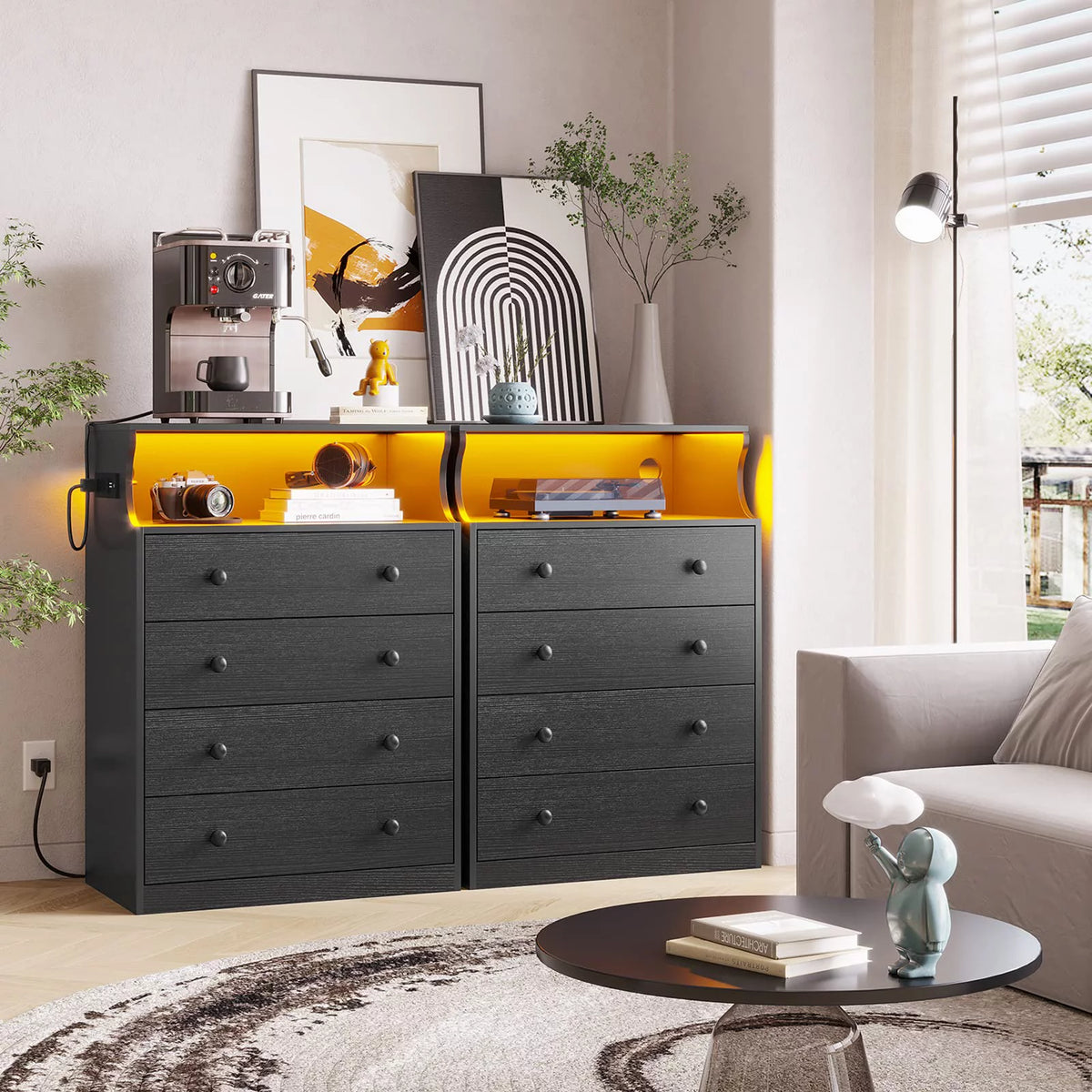 Black 4 Drawer Dresser with LED Lights and Charging Station A5438