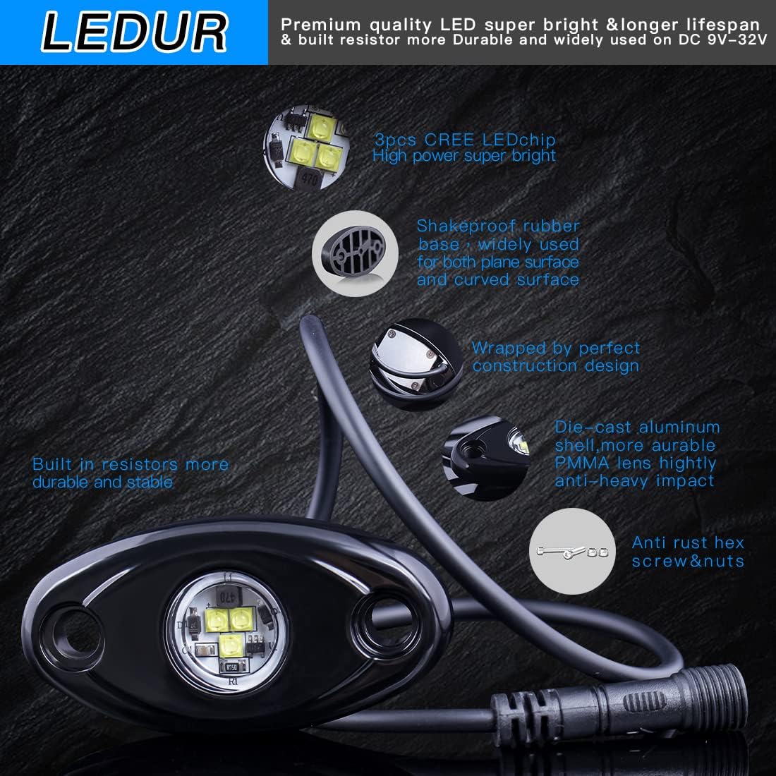 White 12Pods LED Rock Lights Kit with Switch Wire Harness U758