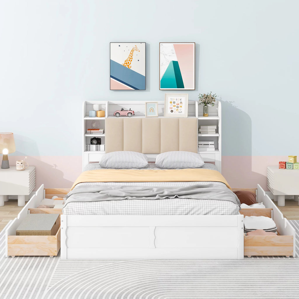 White Wood Queen Size Platform Bed with Storage Headboard and Four Drawers H902534