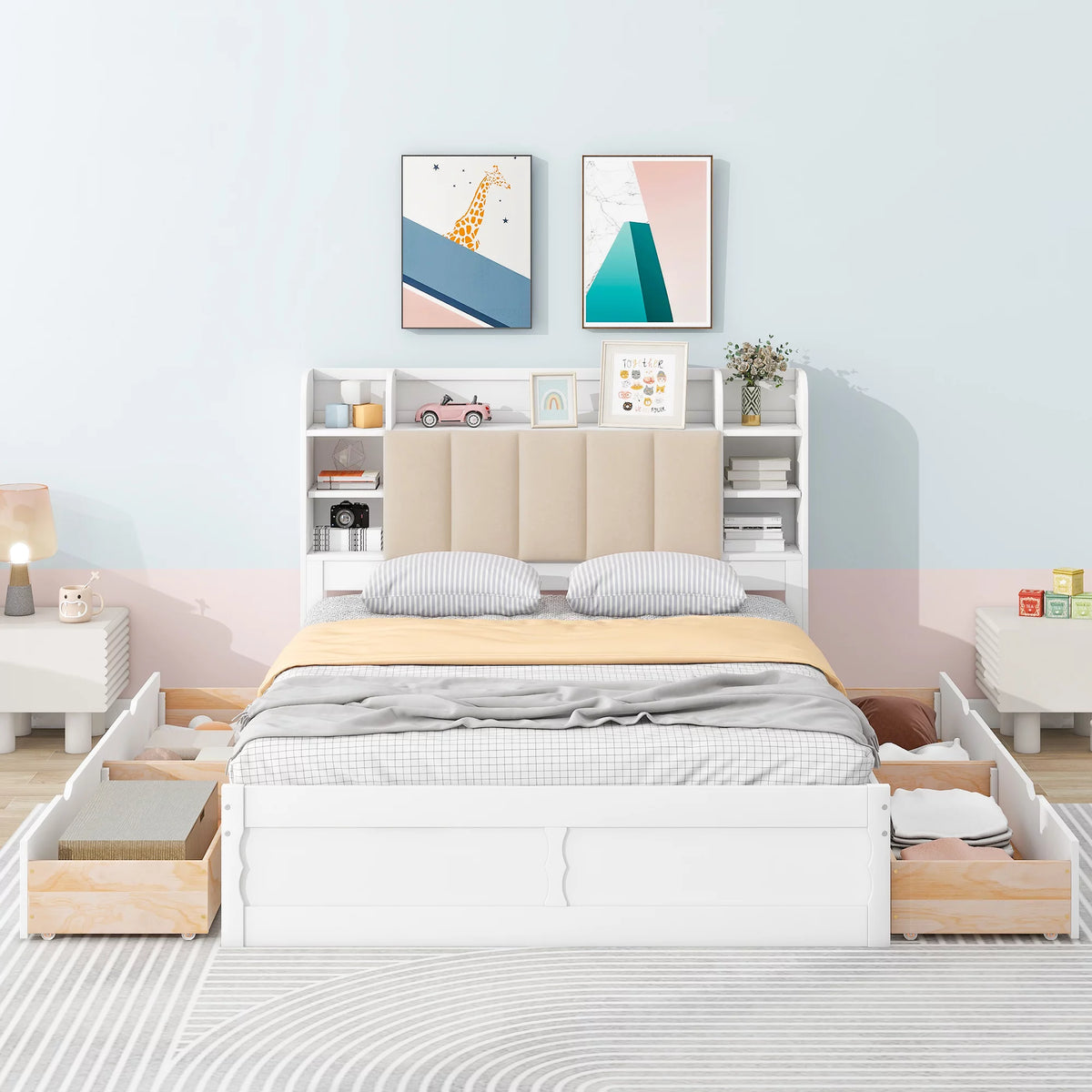 White Wood Queen Size Platform Bed with Storage Headboard and Four Drawers H902534