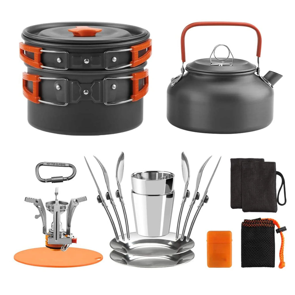 Camping Cookware Mess Kit Pot Pan Kettle Cooking Set Tableware with Spoon Fork Y588900