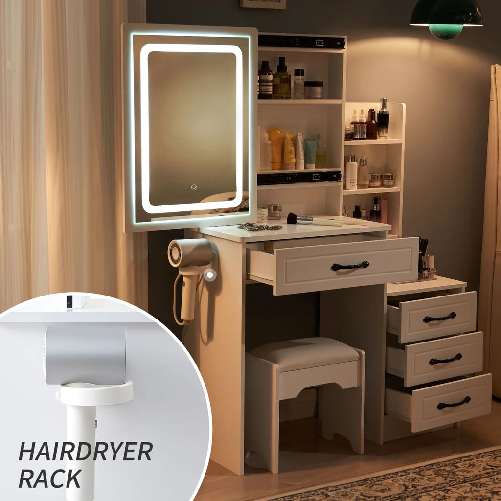 White Vanity Desk with Sliding Mirror and 4 Drawers Q318950