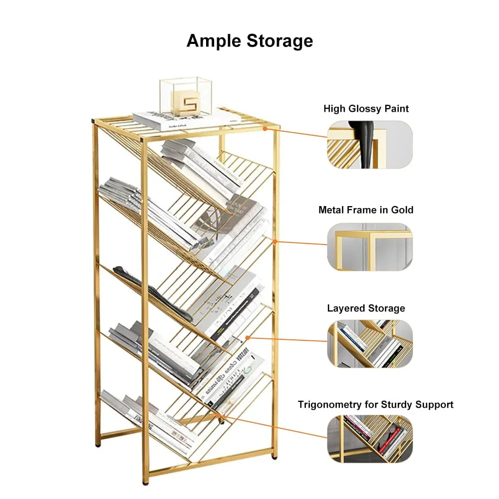 Mid-Century Rectangular Bookshelf Metal Gold Bookcase with Shelves O498500