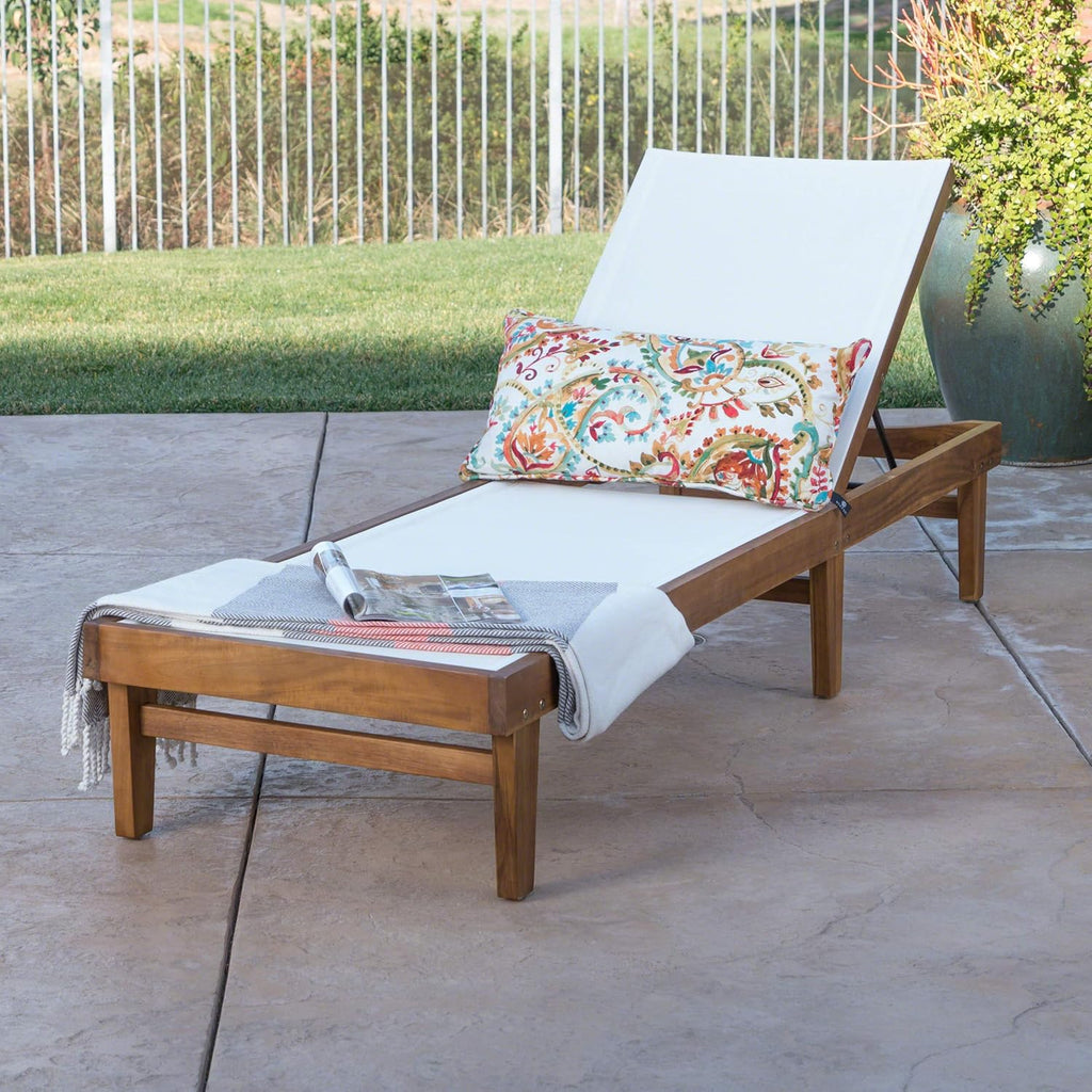 Teak Finish White Mesh Outdoor Chaise Lounge P669