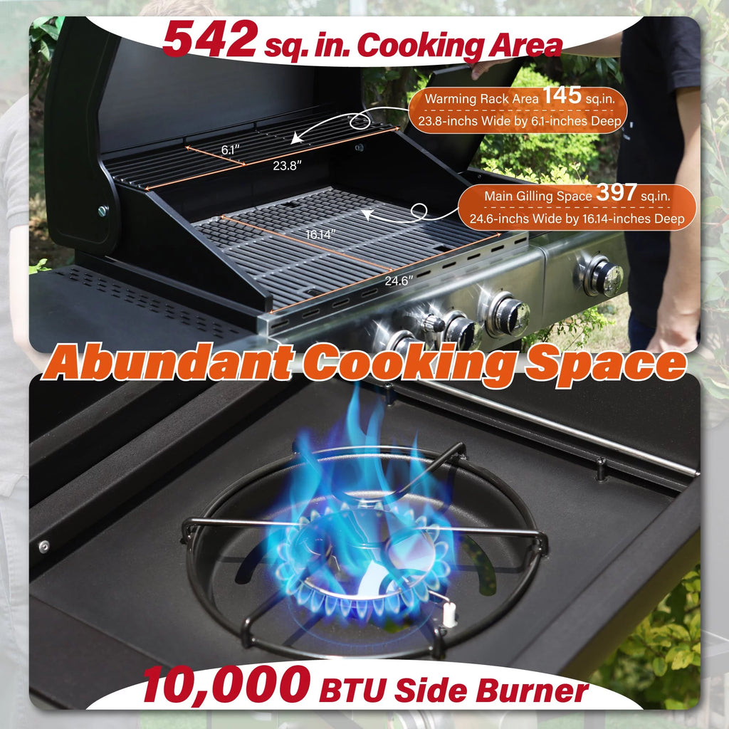 Stainless Steel Portable 4-Burner Propane Gas Grill with Side Burner R321322