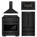 30 in. Gas Range, Range Hood, Microwave, Refrigerator in Black Stainless K94611