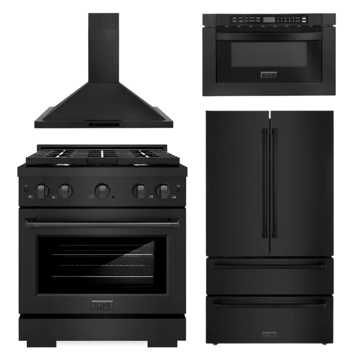 30 in. Gas Range, Range Hood, Microwave, Refrigerator in Black Stainless K94611