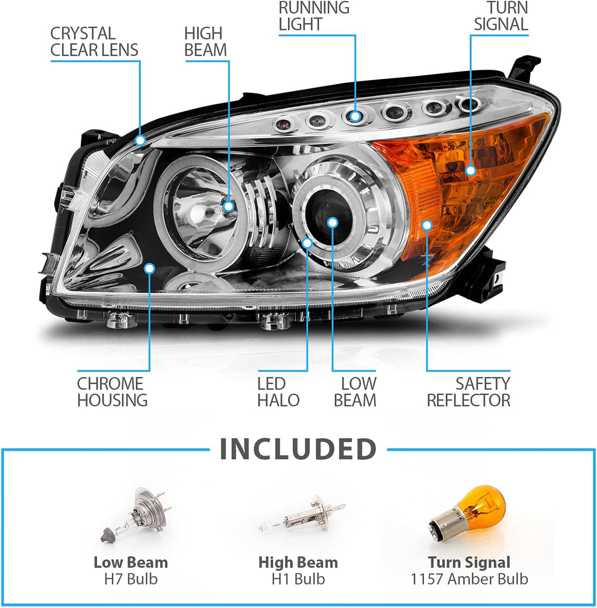Chrome Dual LED Halo Projector Headlights Set for Toyota Rav4 E25625