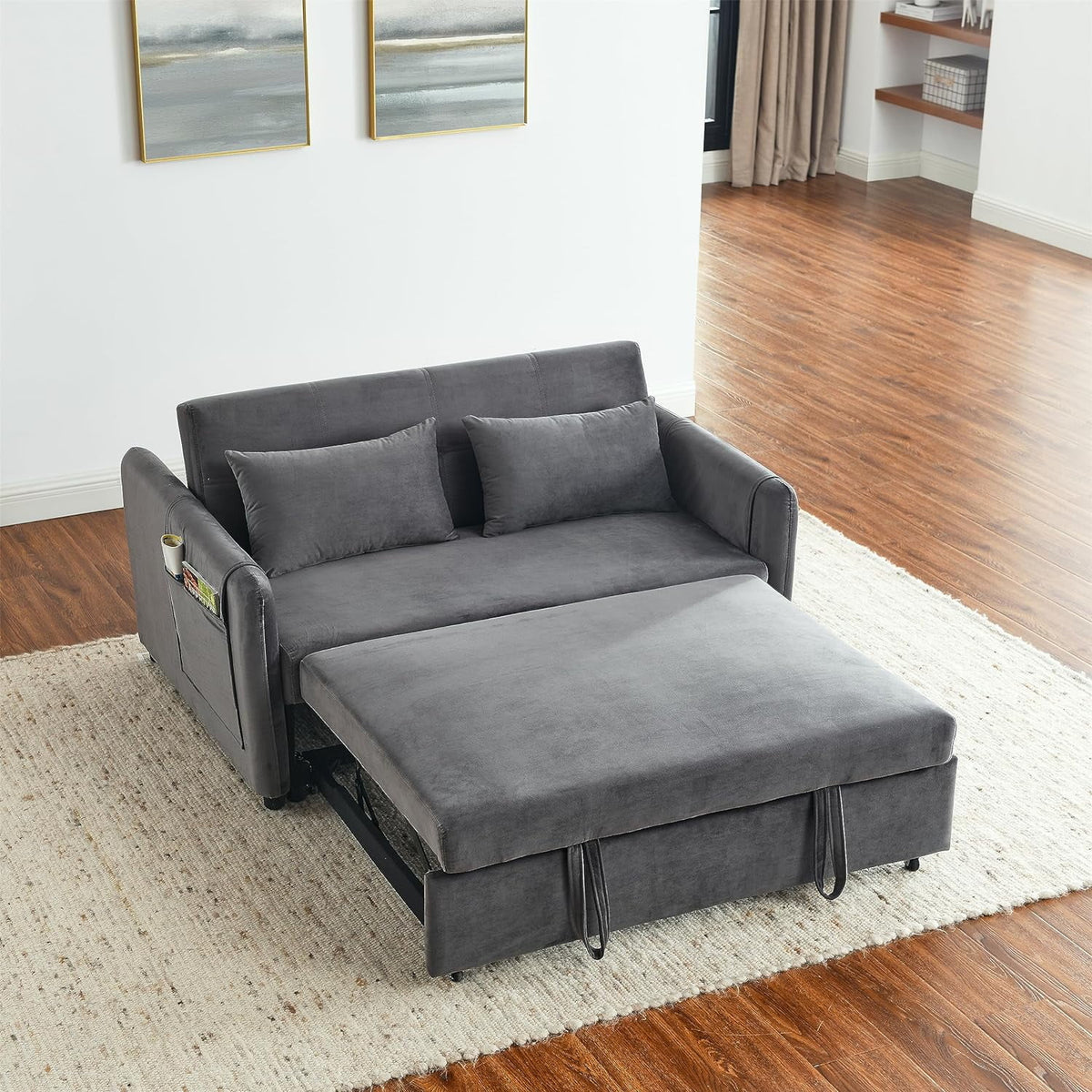 54" Velvet Convertible Sleeper Sofa Bed with Lumbar Pillows I285453
