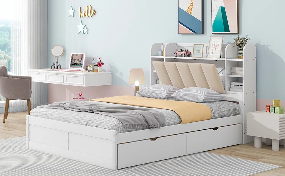 White Wood Queen Size Platform Bed with Storage Headboard and Four Drawers H902534