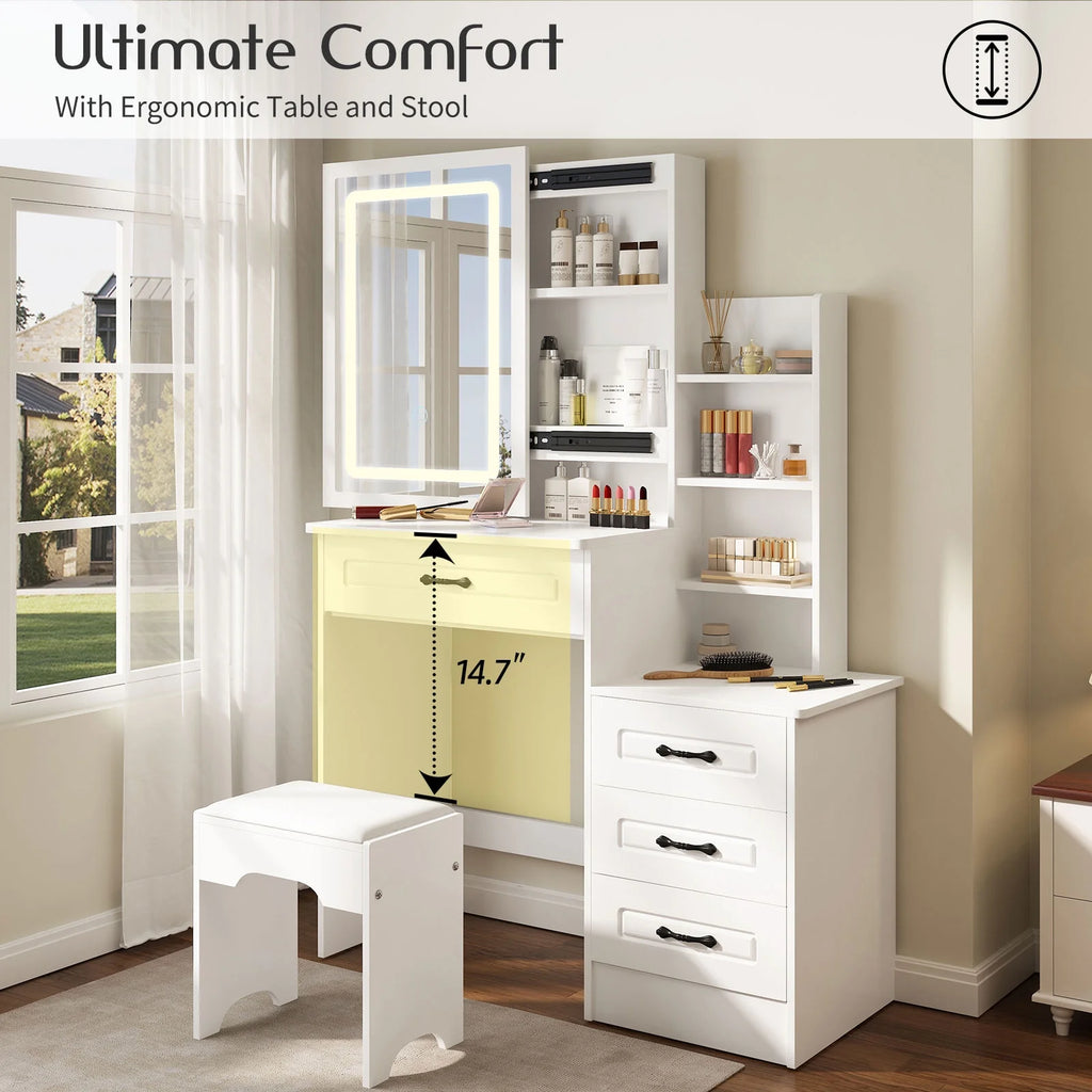 White Vanity Desk with Sliding Mirror and 4 Drawers Q318950