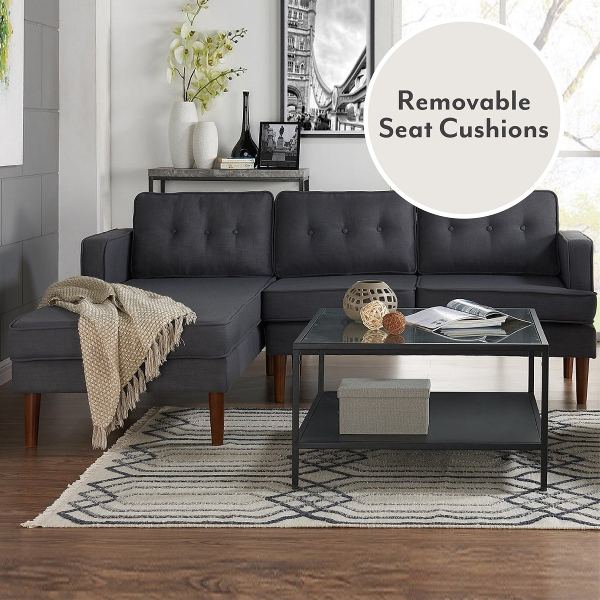 Grey Fabric L-Shaped Sectional with Left Chaise N815