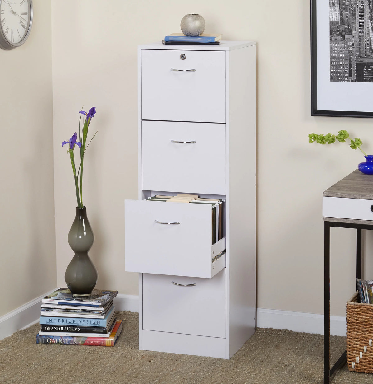 White 4 Drawer Wood Lockable Filing Cabinet L61181