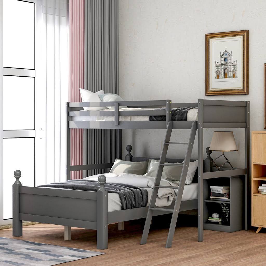 Gray Twin Over Full Bunk Bed with Storage Cabinet M293123